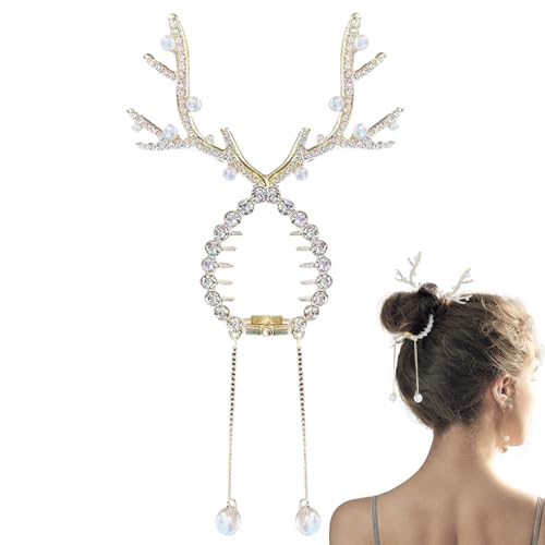 2PCS Rhinestone Tassel Ponytail Hair Claw, Antler Hair Cuff with Anti Slip Staggered Tooth, Pearl Tassel Ponytail Hair Clip, Christmas Headdress for Women, Girls von Bexdug