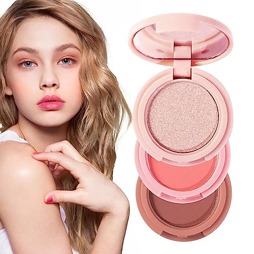 Highlighter-Make-up-Puderpalette, 3-in-1 Wangenrouge-Highlighter-Lidschatten-Palette, Cheek Contouring Highlighter Rouge-Puder für langanhaltenden, schweißfesten Schimmer Bexdug von Bexdug