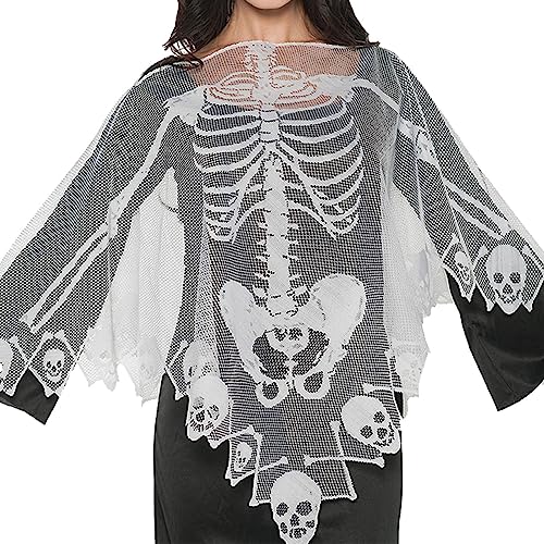 Skelett-Halloween-Kostüm | 57 Im Skelett-Totenkopf-Schal | Transparente, silbergraue Spitzen-Skelett-Schalumhänge für Erwachsene Bexdug von Bexdug