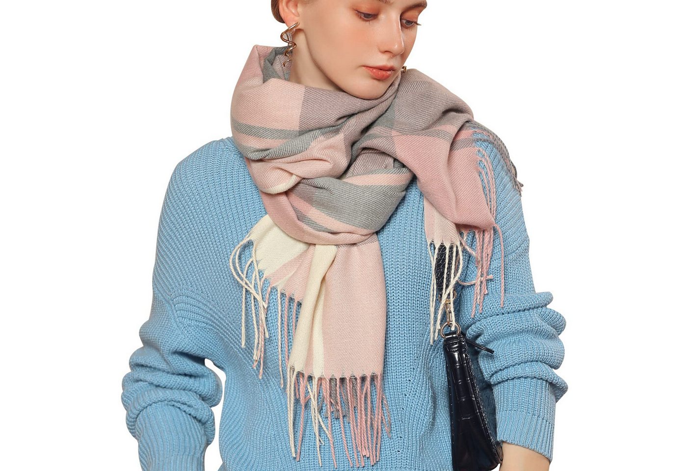Bextsrack Modeschal Damen Kariert Oversized Schal mit Fransen, Winterschal Weich Wraps, Karo Fransen Schals Warm für Herbst Winter, Mischfarbe von Bextsrack
