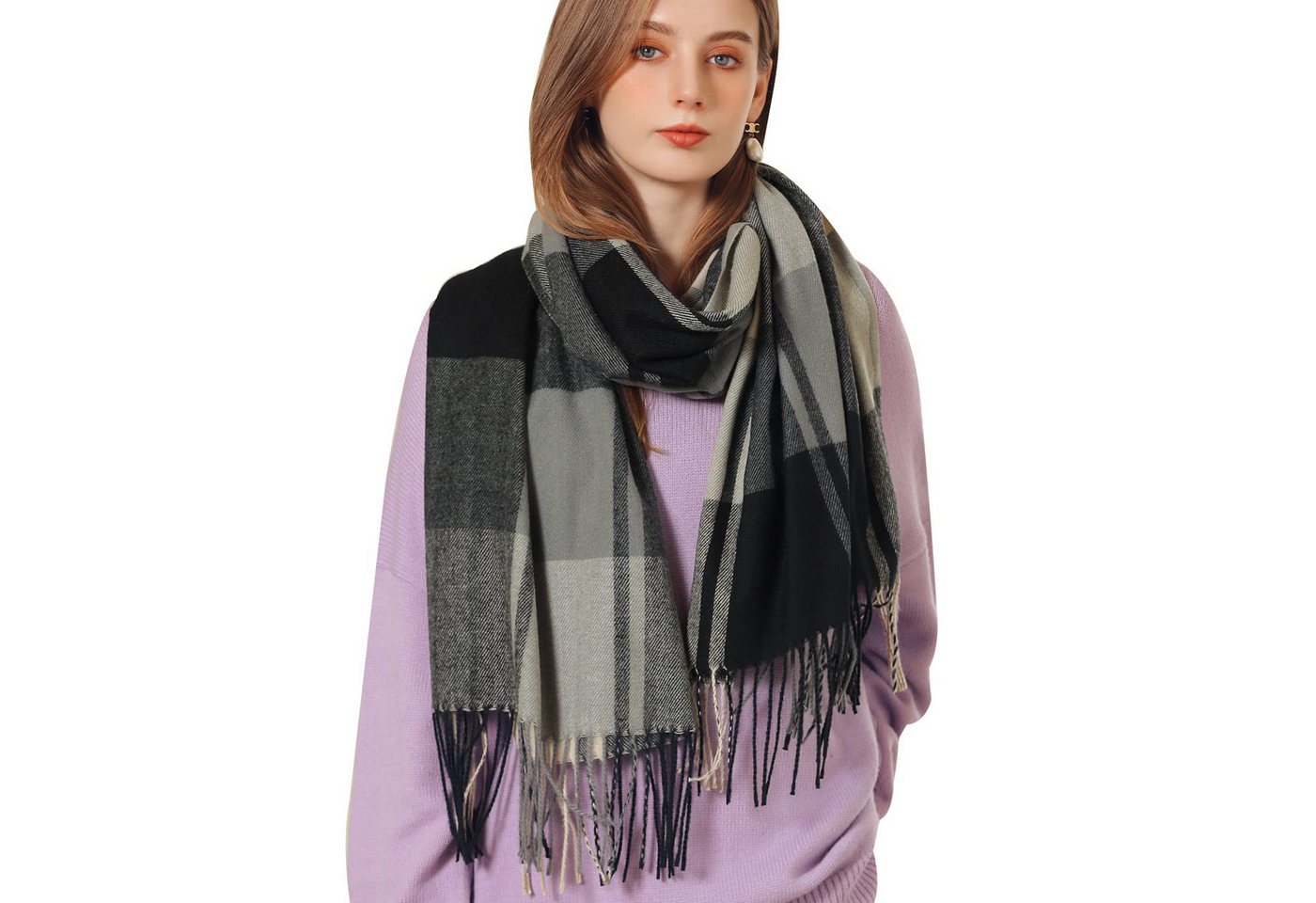 Bextsrack Modeschal Damen Kariert Oversized Schal mit Fransen, Winterschal Weich Wraps, Karo Fransen Schals Warm für Herbst Winter, Mischfarbe von Bextsrack