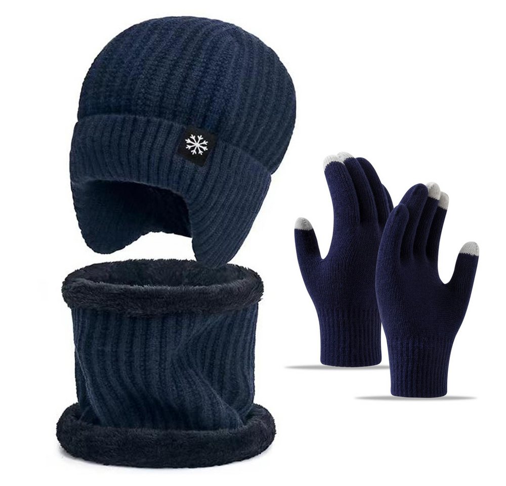 Bextsrack Mütze & Schal 3 Stück Mütze Loop Schal Touchscreen Handschuh-Sets für Herren Damen (Beanie Strickmütze mit Warmem Wollfutter und Ohrklappen) Loop Schal Warme Handschuhe, Unisex 3-in-1 Winter-Set von Bextsrack