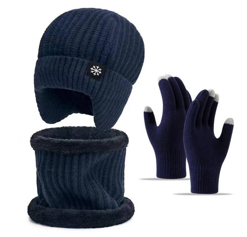 Bextsrack Mütze & Schal 3 Stück Mütze Loop Schal Touchscreen Handschuh-Sets für Herren Damen (Beanie Strickmütze mit Warmem Wollfutter und Ohrklappen) Loop Schal Warme Handschuhe, Unisex 3-in-1 Winter-Set von Bextsrack