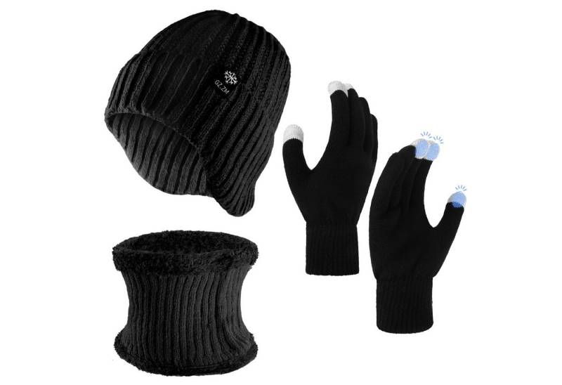 Bextsrack Mütze & Schal 3 Stück Mütze Loop Schal Touchscreen Handschuh-Sets für Herren Damen (Beanie Strickmütze mit Warmem Wollfutter und Ohrklappen) Loop Schal Warme Handschuhe, Unisex 3-in-1 Winter-Set von Bextsrack