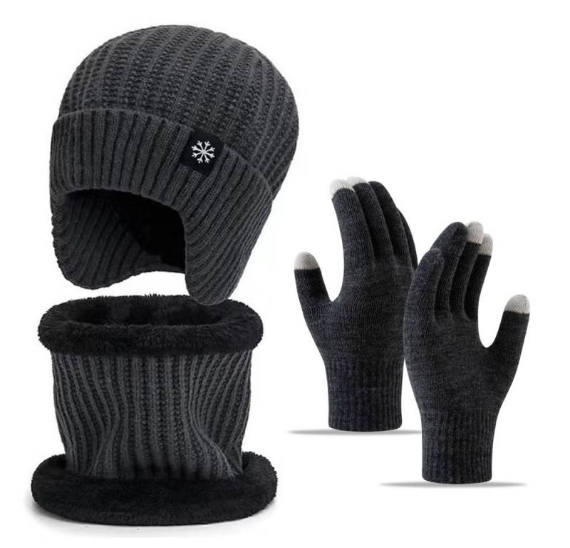 Bextsrack Mütze & Schal 3 Stück Mütze Loop Schal Touchscreen Handschuh-Sets für Herren Damen (Beanie Strickmütze mit Warmem Wollfutter und Ohrklappen) Loop Schal Warme Handschuhe, Unisex 3-in-1 Winter-Set von Bextsrack