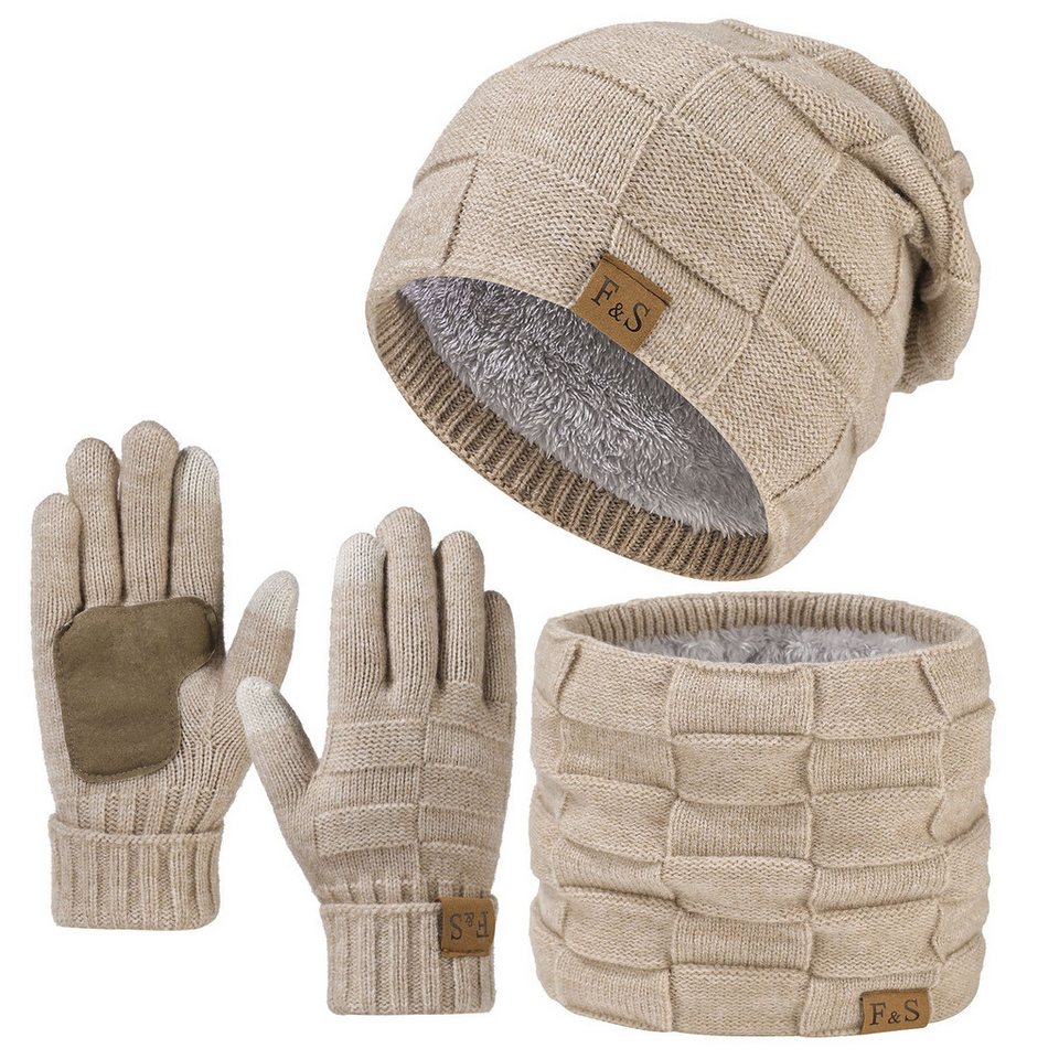 Bextsrack Mütze & Schal Strickmütze, Schal und Handschuh-Set, Winterstrickmütze, Touchscreen-Handschuhe, gefütterter Kragen, Unisex von Bextsrack