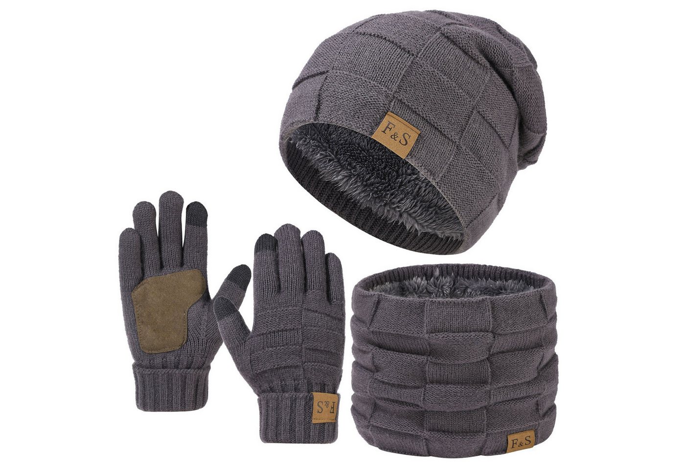 Bextsrack Mütze & Schal Strickmütze, Schal und Handschuh-Set, Winterstrickmütze, Touchscreen-Handschuhe, gefütterter Kragen, Unisex von Bextsrack