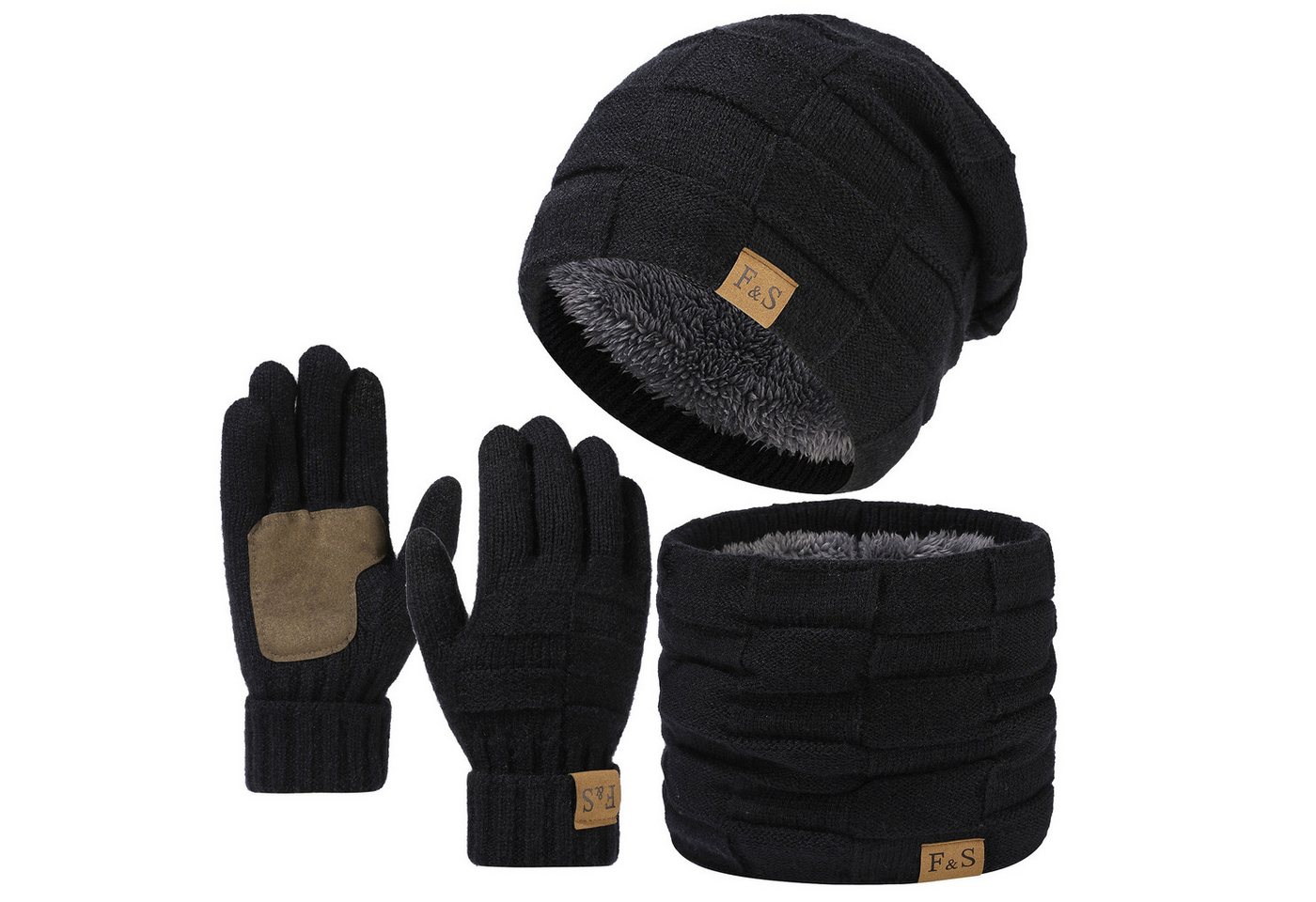 Bextsrack Mütze & Schal Strickmütze, Schal und Handschuh-Set, Winterstrickmütze, Touchscreen-Handschuhe, gefütterter Kragen, Unisex von Bextsrack