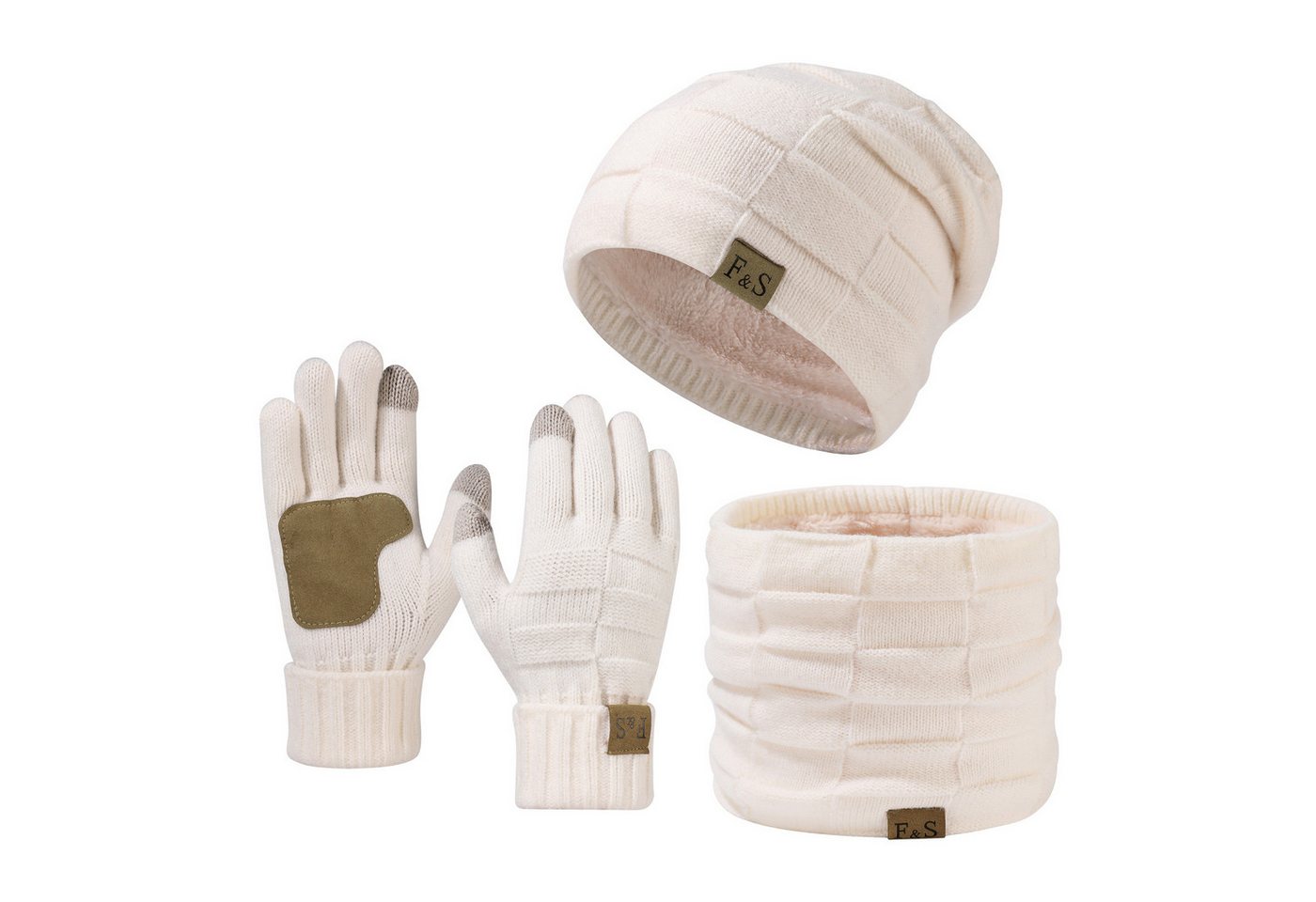Bextsrack Mütze & Schal Strickmütze, Schal und Handschuh-Set, Winterstrickmütze, Touchscreen-Handschuhe, gefütterter Kragen, Unisex von Bextsrack