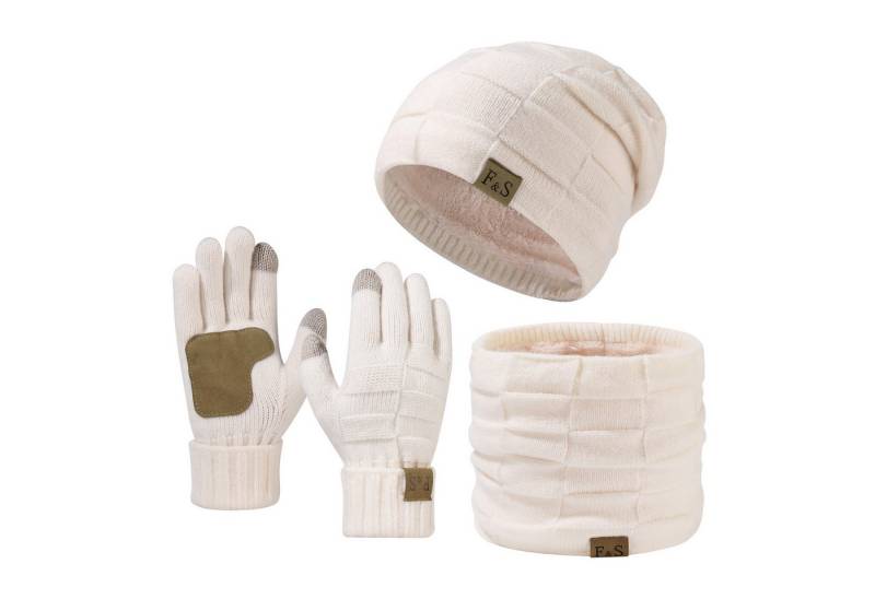 Bextsrack Mütze & Schal Strickmütze, Schal und Handschuh-Set, Winterstrickmütze, Touchscreen-Handschuhe, gefütterter Kragen, Unisex von Bextsrack