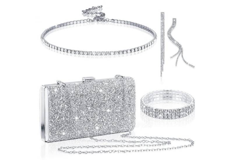 Bextsrack Schmuckset 4-teiliges Damen-Schmuckset, Hochzeitsschmuck-Set, Schmuckset mit Halskette, Armband, Ohrringen und Abendtasche von Bextsrack