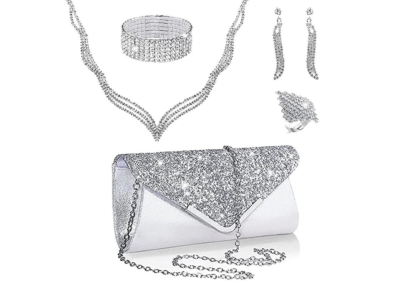Bextsrack Schmuckset Frauen Abendtasche Schmuckset, Hochzeitsfeier Schmuckset, Schmuckset: Armband, Ring, Abendtasche, Halskette, Ohrringe von Bextsrack