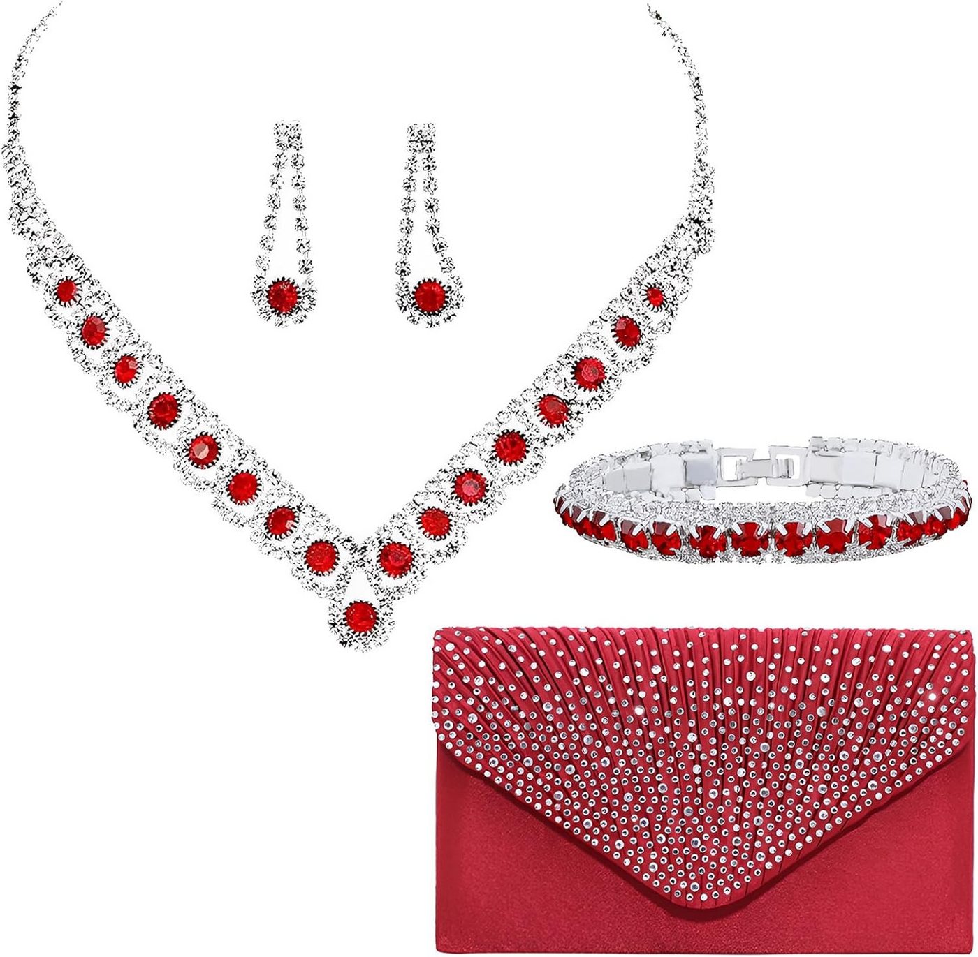Bextsrack Schmuckset Hochzeits- und Abendessen-Schmuck-Set, Halskette, Ohrringe, Armband und Handtasche von Bextsrack