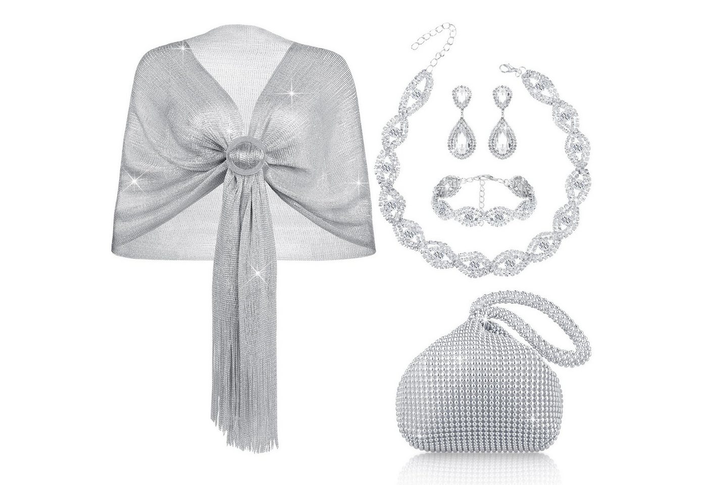Bextsrack Schmuckset Silbernes Ballschmuckset, Damen-Silberschmuck-Set, Abendtasche, Armband, Halskette und Ohrringe-Set von Bextsrack