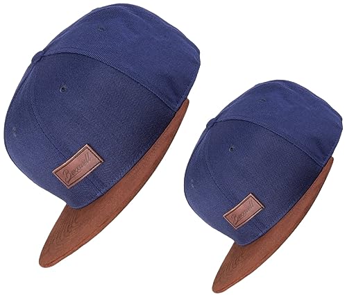 Bexxwell Snapback Caps 2er-Set Partnerlook für Klein und Groß blau mit Lederpatch und Schirm in Wildlederoptik (optimale Passform, Kinder, Kappe, Blue, Unisex) von Bexxwell