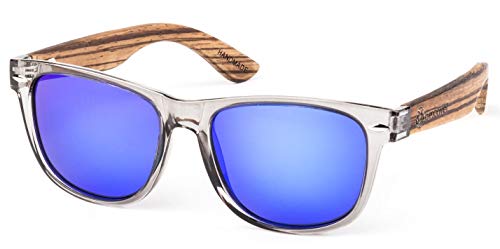 Bexxwell Sonnenbrille mit Echtholz-Bügeln, handgefertigt, UV-Schutz, polarisiert (Holz, Wood) (Transparent/Blau und Holz hell) von Bexxwell