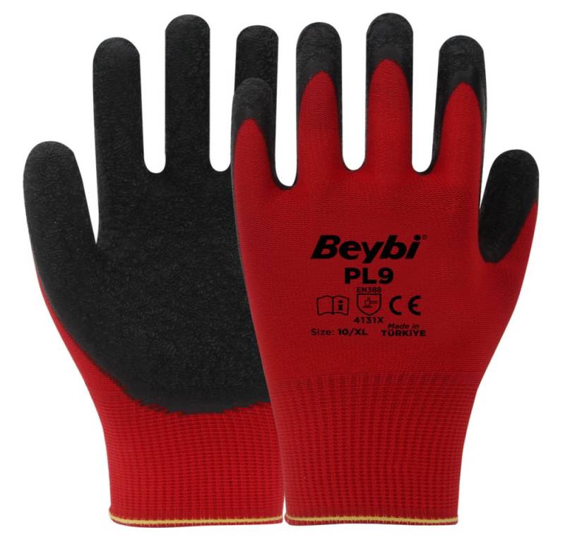 Beybi Arbeitshandschuhe 12 Paar Arbeitshandschuhe, Polyester, Rot und Schwarz (Einrichtugszubehör) von Beybi