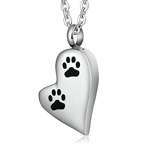 Beydodo Anhänger Kette Silber Schwarz 50CM, Asche Halskette Edelstahl Damen Herz Anhänger mit Pfote Kette für Gedenk Asche Andenken von Beydodo