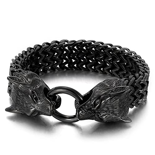 Beydodo Armbänder Edelstahl für Männer, Bettelarmband Weizen Armband Breit 18MM mit Wolf Partnerarmbänder Armband Schwarz 22.5CM für Charms von Beydodo