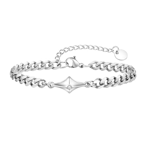 Beydodo Armbänder Herren Charms, Armband Edelstahl Geometrie mit Zirkonia Kubanische Kette Gliederarmband Freundschaftsarmband Personalisiertes Armband Männer Silber 23CM von Beydodo