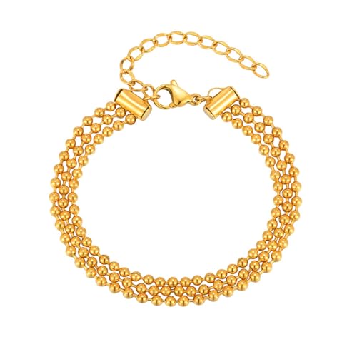 Beydodo Armband Damen Gold 21CM, Armbänder Edelstahl Vergoldet Mehrlagig Bead-Kette Bettelarmband Charm Armband Frauen Personalisiert von Beydodo