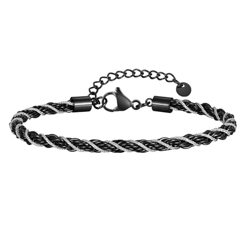 Beydodo Armband Herren Schwarz Silber 23CM, Armbänder Edelstahl 3.8MM Kordelkette Partnerarmband Charm Armband Männer Personalisiert von Beydodo