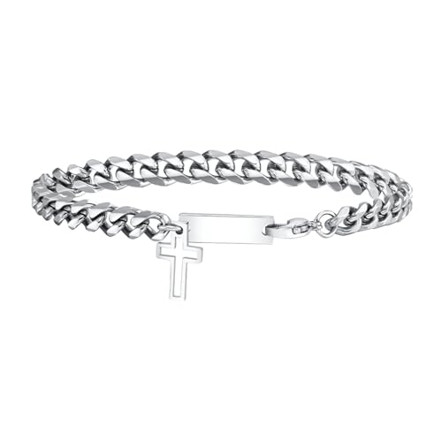 Beydodo Armband Herren Silber 21CM, Armbänder Edelstahl mit Anhänger Kreuz Kubanische Kette Gliederarmband Partnerarmband Charm Armband Männer Personalisiert von Beydodo