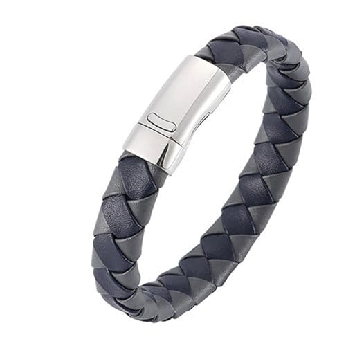 Beydodo Armband Leder Herren 12MM, Partnerarmband Leder Geflochten mit Magnetverschluss Charms Armband Personalisiert Grau Blau 16.5CM von Beydodo