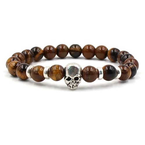 Beydodo Armband für Männer, Perlen Armbänder Charms 8MM Tigerauge mit Totenkopf Perlenarmband Herren Chakra 19CM von Beydodo