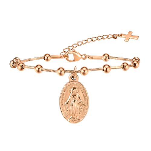 Beydodo Charms Armbänder, Armband Damen Edelstahl mit Anhänger Jungfrau Kreuz Freundschaftsarmband Personalisierte Armbänder Frauen Rosegold 21CM von Beydodo