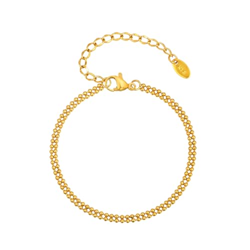 Beydodo Damen Armbänder Edelstahl Vergoldet, Frauen Armband Gold 21CM Doppellagig Bead-Kette 3MM Charms Armbänder Personalisiert Freundschaftsarmband von Beydodo