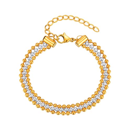 Beydodo Damen Armbänder Edelstahl Vergoldet, Frauen Armband Gold 21CM Mehrlagig Bead-Kette Charms Armbänder Personalisiert Freundschaftsarmband von Beydodo