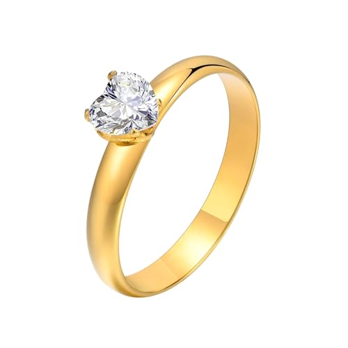 Beydodo Damen Ring Personalisiert, Edelstahl Vergoldet RingeHerz mit Zirkonia Solitär Freundschaftsringe Frauen Ring Gold Größe 49 (15.6) von Beydodo