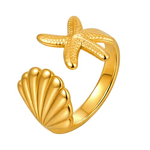 Beydodo Damen Ring Personalisiert, Edelstahl Vergoldet RingeSeestern Offen Freundschaftsringe Frauen Ring Gold Verstellbar von Beydodo