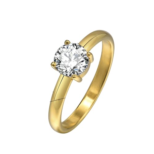 Beydodo Damen Ring Personalisiert, Edelstahl Vergoldet RingeSolitär mit Rund Zirkonia Freundschaftsringe Frauen Ring Gold Größe 60 (19.1) von Beydodo
