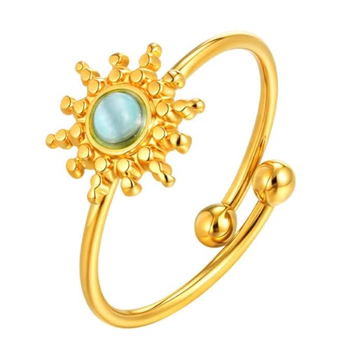 Beydodo Damen Ring Personalisiert, Edelstahl Vergoldet RingeSonnenblume mit Katzenaugenstein Offen Freundschaftsringe Frauen Ring Gold Verstellbar von Beydodo