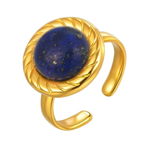 Beydodo Damen Ring Personalisiert, Edelstahl Vergoldet Ringemit Lapislazuli Offen Freundschaftsringe Frauen Ring Gold Verstellbar von Beydodo