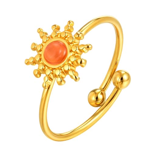 Beydodo Damen Ringe Edelstahl Vergoldet, Frauen Ring Personalisiert Sonnenblume mit Katzenaugenstein Offen Freundschaftsringe Gold Ring Nickelfrei Einstellbar von Beydodo