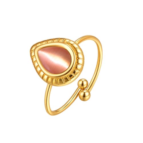 Beydodo Damen Ringe Edelstahl Vergoldet, Frauen Ring Personalisiert Tropfen mit Katzenaugenstein Offen Freundschaftsringe Gold Ring Nickelfrei Einstellbar von Beydodo