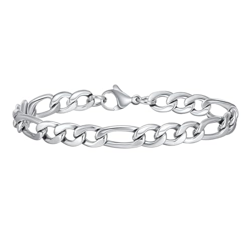 Beydodo Edelstahl Armbänder Silber 18CM, Herren Armband Personalisiert 7MM Figarokette Gliederarmband Partnerarmband Charm Armbänder für Männer von Beydodo