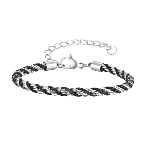 Beydodo Edelstahl Armbänder Silber Schwarz 22CM, Herren Armband Personalisiert 3.8MM mit Geflochtenen Seil Partnerarmband Charm Armbänder für Männer von Beydodo