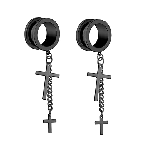 Beydodo Edelstahl Gauges 5/8 Zoll, Plugs und Tunnels Single Flare Rund mit Kette und Kreuz-Anhänger von Beydodo