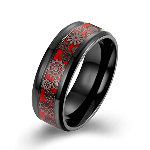 Beydodo Edelstahl Herren Ring Freundschaft, Männer Ringe 8MM Rot Kohlefaser mit Zahnrad Partnerring Schwarz Ring Personalisiert Größe 55 (17.5) von Beydodo
