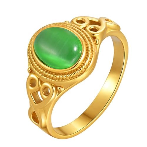 Beydodo Edelstahl Ringe Damen Vergoldet, Ring PersonalisiertFiligran mit Grün Katzenaugenstein Partnerringe Frauen Ringe Gold Nickelfrei Größe 57 (18.1) von Beydodo
