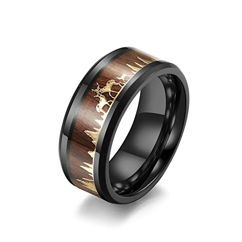 Beydodo Edelstahl Ringe Partner, Herren Ring 9MM mit Holz Hirsche Freundschaftsring Schwarz für Männer Größe 55 (17.5) von Beydodo