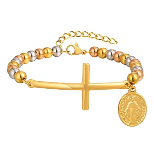 Beydodo Frauen Armbänder Edelstahl, Armband Damen Personalisiert mit Kreuz Medaillen Bettelarmban Armband Charms Tricolor 21.5CM von Beydodo