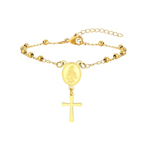 Beydodo Frauen Armbänder Edelstahl Vergoldet, Armband Damen Personalisiert mit Anhänger Kreuz Amulett Bettelarmban Armband Charms Gold 22CM von Beydodo