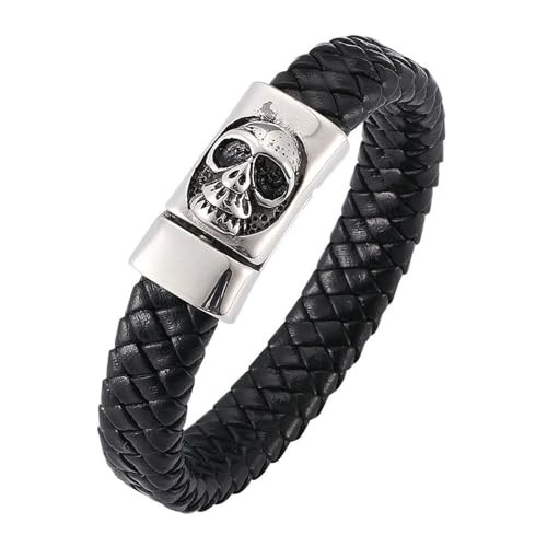 Beydodo Herren Armbänder Leder, Lederarmband Personalisiert 12MM Totenkopf Partnerarmbänder Leder Armband Schwarz 18.5CM mit Magnetverschluss von Beydodo