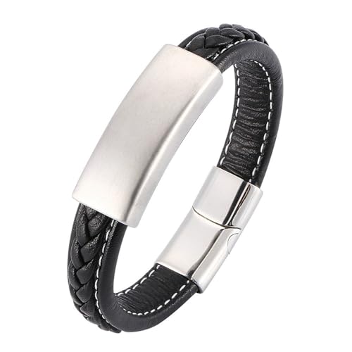 Beydodo Herren Armbänder Leder Gravur, Lederarmband 12MM mit Schild Partnerarmband Leder Armband Schwarz 20.5CM Magnetverschluss von Beydodo