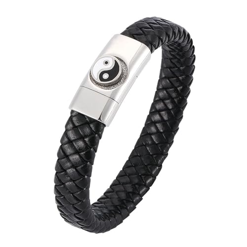 Beydodo Herren Armbänder Leder mit Gravur, Lederarmband 12MM Yin Yang Partnerarmband Leder Armband Schwarz 18.5CM mit Magnetverschluss von Beydodo